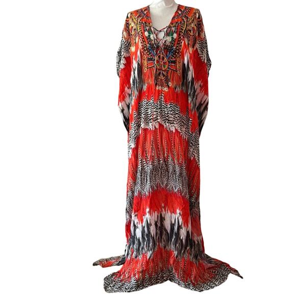 Shahida Parides Nomad Kaftan feather print Lisa Rinna Real Housewives OS One Sz - Picture 4 of 16